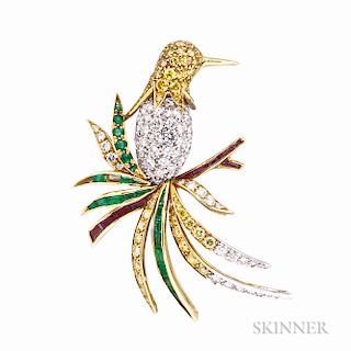 18kt Gold, Colored Diamond, Diamond, and Gem-set Bird Brooch