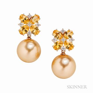 18kt Gold, Golden South Sea Pearl, Yellow Sapphire, and Diamond Earrings