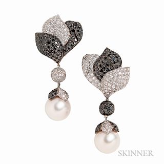 18kt White Gold, South Sea Pearl, and Diamond Day/Night Earclips