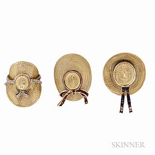 Suite of Three 18kt Gold Straw Hat Brooches