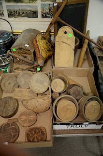 Primitive wooden lot including butter molds, molds, crimper, dome top painted box chaulk board, three sheep wool combs, etc.