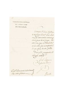 López de Santa - Anna, Antonio de. Carta Manuscrita Dirigida al Ciudo. Comisario Subalterno de esta Plaza. Campeche, 1825. Firma.