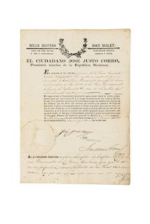 Justo Corro, José. Nombramiento como Capitán de Caballería Permanente al C. Yrineo Corchado. México, abril 8 de 1836. Firma.