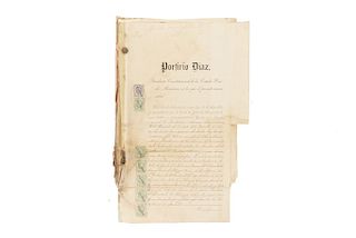 Díaz, Porfirio - Covarrubias, José. Cesión de Derechos de Terrenos en Tabasco  Acorde a la Ley de Terrenos... México, 1899. Firmas.