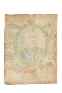 Bandera de Porfirio Díaz. México, ca. 1900. Tela impresa, 60.7x46.3 cm. Busto de Díaz, rodeado de vistas de la Ciudad de México.