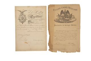 Díaz, Porfirio / Díaz, Félix. Diplomas del Colegio Militar Otorgados a Fernando Lalanne. México, 1888 / 1901. Firmas. Piezas: 2.