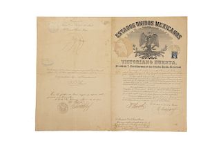 Huerta, Victoriano - Mondragón, Manuel. Nombramiento de Capitán de Fragata para Fernando Lalanne. México, 1 de mayo de 1913. Firmado.