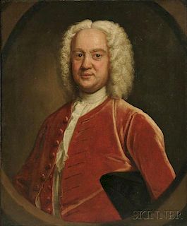 School of John Theodore Heins (British, 1697-1756)      Wigged Gentleman in a Red Velvet Coat in a Feigned Oval