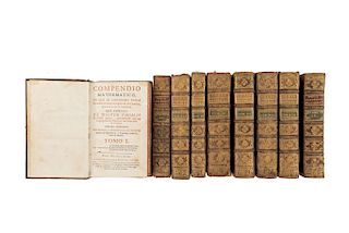 Tosca, Thomas Vicente. Compendio Mathematico. Valencia: 1757. Tercera impresión. Ilustrados con láminas plegadas. Piezas: 9.