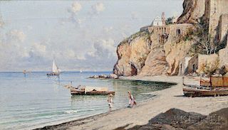 Giuseppe Carelli (Italian, 1858-1921)      Figures on a Beach Along the Coast of Napoli