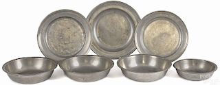 Four American pewter basins, 19th c., together wi
