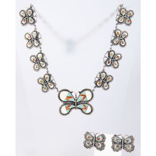 Federico Jimenez (Mixtec, b.1941) Sterling Silver and Mosaic Inlay Butterfly Necklace and Earrings