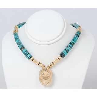 LeRoy Jewelers Turquoise and 14k Gold Cast of Leekya Frog Fetish Necklce