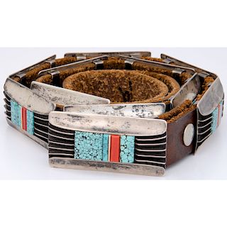 Silver, Turquoise, and Coral Concha Belt, From the Collection of Robert B. Riley, Urbana, IL