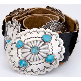 Jimmy Herald (Dine, 20th century) Navajo Sterling Silver and Turquoise Concha Belt