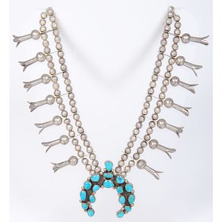 Navajo Silver and Turquoise Squash Blossom Necklace
