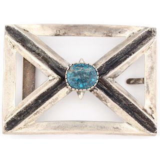 Navajo Sand Cast Silver and Turquoise Belt Buckle