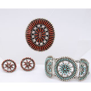Zuni Silver, Turquoise, and Coral Petit Point Jewelry