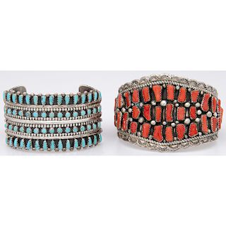 Navajo Silver, Turquoise, and Coral Cuff Bracelets
