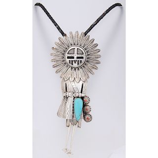 Jerry Roan (Dine, 1919-1977) Large Navajo Sterling Silver and Turquoise Katsina Bolo Tie