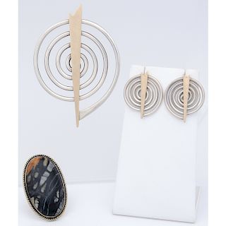 Mike Bird Romero (Ohkay Owingeh, b.1946) Silver and 14k Gold Brooch and Matching Earrings PLUS