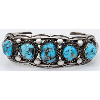 Jimmie Long (Dine, d.1970) Navajo Silver and Turquoise Cuff Bracelet 