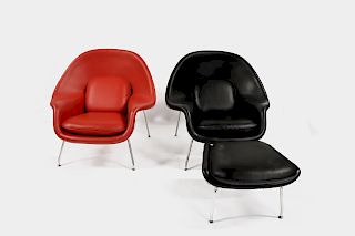 MIDCENTURY PAIR Red & Black Womb Chairs