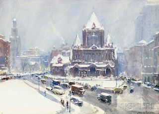 John Whorf (American, 1903-1959)      Trinity Church, Copley Square in Winter