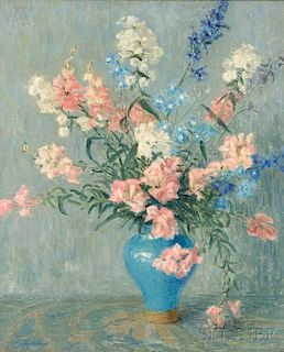 Dorothy Ochtman (American, 1892-1971)      Still Life with Summer Flowers in a Blue Vase