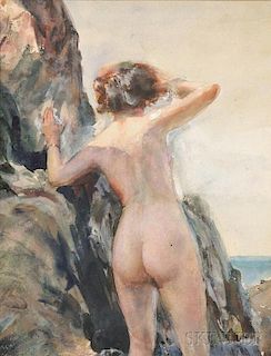 John Whorf (American, 1903-1959)      Nude Beside an Oceanside Cliff