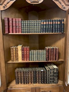 Large lot of leatherbound books to include twelve volumes of Grotes "History of Greece," nine volumes of Dumas works, nine works of Irving's works, et