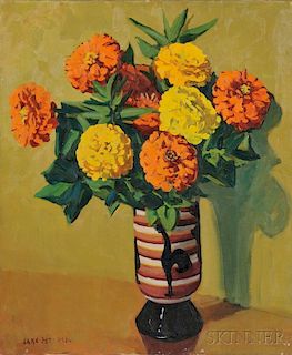Jane Peterson (American, 1876-1965)      Zinnias in a Rooster Vase