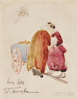 George Benjamin Luks (American, 1867-1933)      Sketch of Two Figures by an Apple Cart