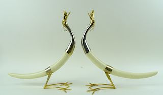 A Pair of Carved Bone And Bronze Mounted Birds