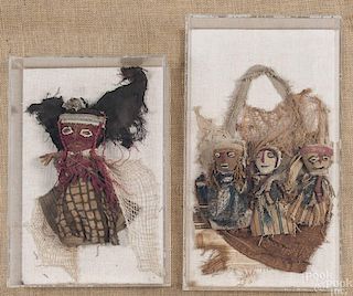 Four Peruvian chancay burial dolls, mounted in fr
