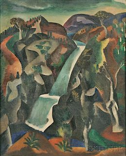 Central European School, 20th Century      Hilly Landscape with Waterfall