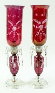 Pair of Cranberry Art Glass Girandoles
