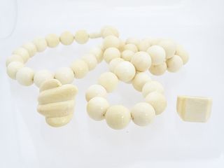 Carved Beaded Necklace And Two Rings
