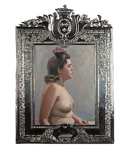 Modern French Oil/ Canvas of Nude in Silvered Repousse Frame