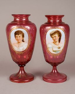 Pair of Red Bohemian Glass & Enamel Painted Vases