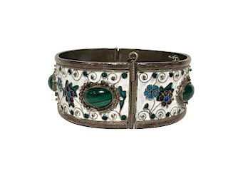 Silver Enameled Bracelet with Malachite Inserts