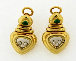 Vintage Chopard Happy Diamonds Emerald 18K Yellow Gold Earrings
