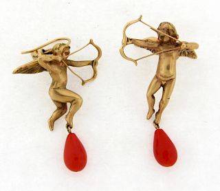 Gabriella Kiss Designer Cherub Coral Cupid 14k Gold Earrings