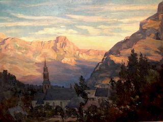 Large 19th Century Swiss School O/C Landscape with Church and Village