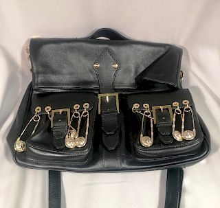 Vintage Versus Versace Large Black Leather Gold Saftey Pin Bag