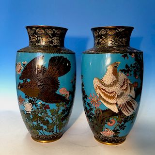 Pair Japanese Meiji Period Cloisionne Vases Depicting Birds of Prey