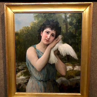 Charles Escudier Oil on Canvas Portrait with Dove, Circa 1878