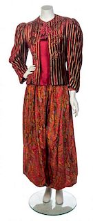 * A Bill Blass Burgundy and Gold Harem Pant Suit, No size.