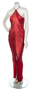 * A Bill Blass Red Bias Cut Fringe Halter Dress, No size.
