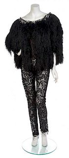 * A Bob Mackie Black Bead Embroidered Lace and Ostrich Feather Evening Ensemble, No size.